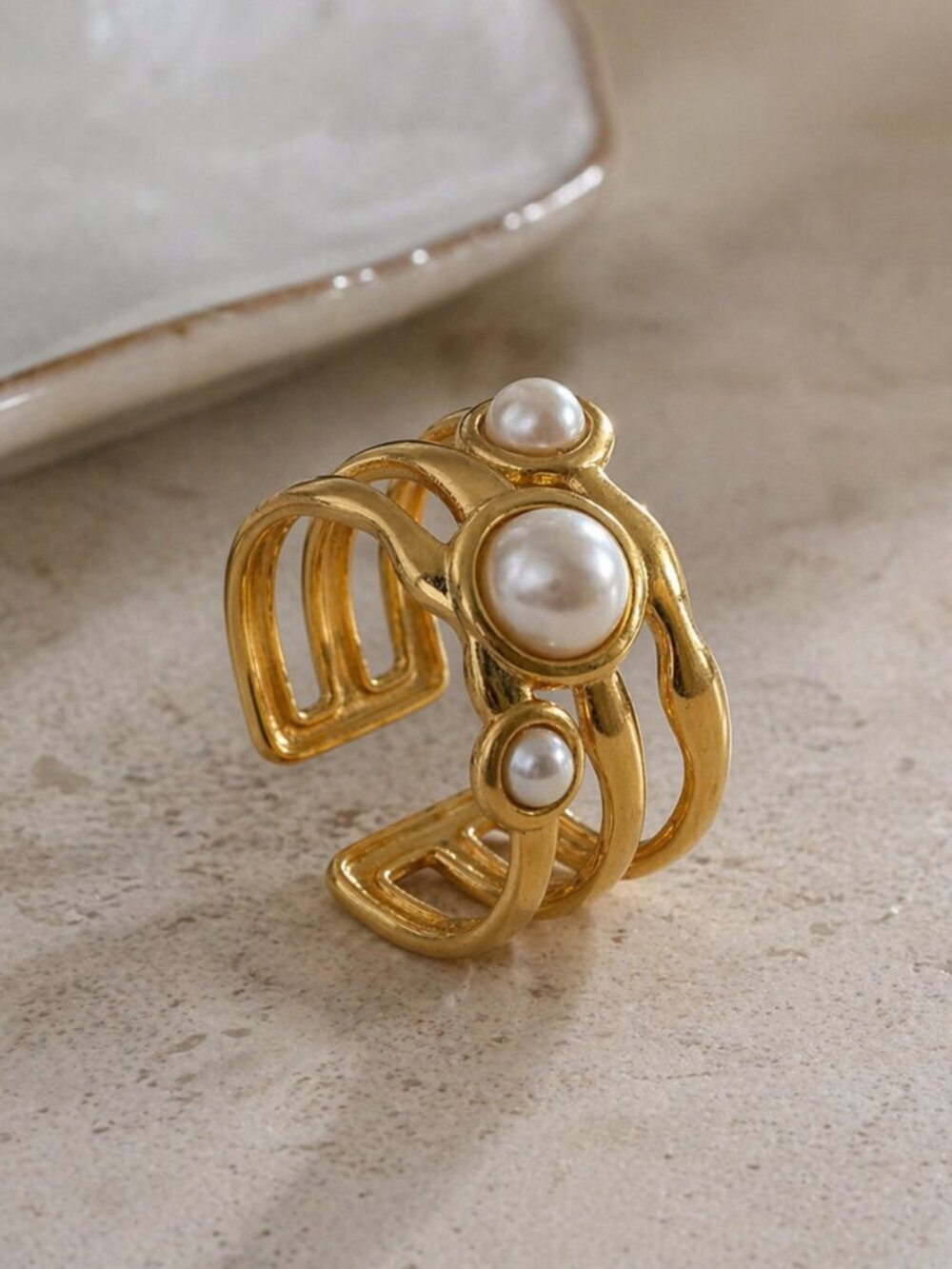 Old Money Coquette 18K Gold Pearl Chunky Adjustable Statement Ring NWT